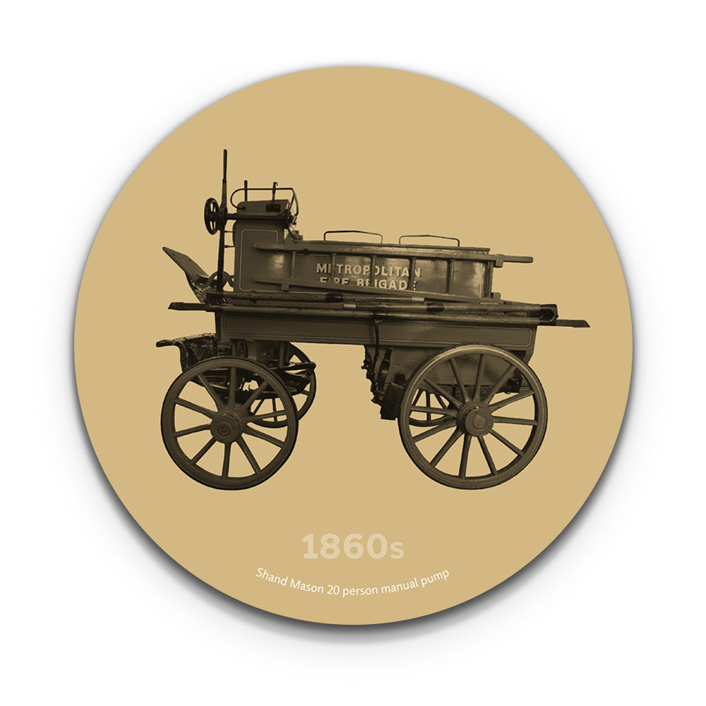 A round placemat with a stone colour background featuring the 1860's Shand MAson 20 Person Manual Pump Engine